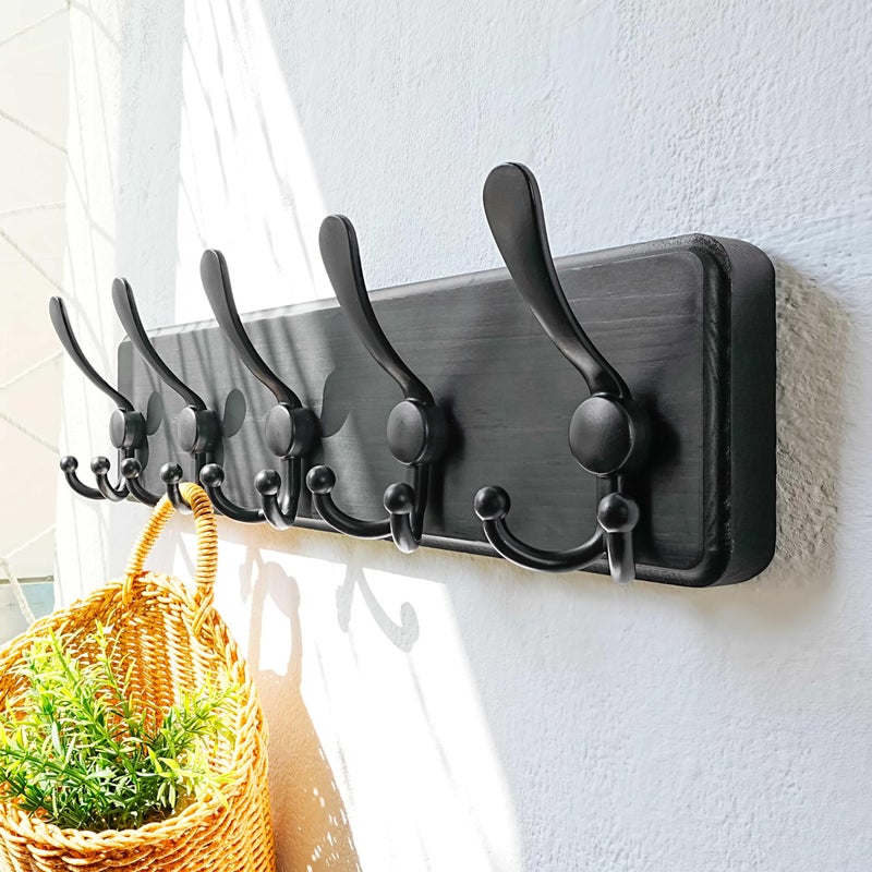 Dseap Coat Rack Wall Mounted - 5 Tri Hooks, Heavy Duty, Wooden Wall Coat Hanger Coat Hook for Clothes Hat Jacket Clothing, Black - Image 5